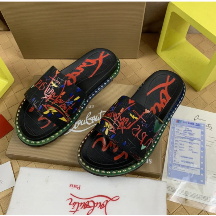 Christian Louboutin Black Graffiti‑Print Slides Rainbow Crystal‑Trimmed Sole