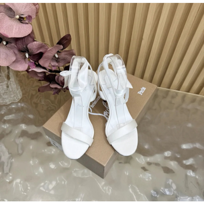 Christian Louboutin White Satin 100mm Ankle‑Wrap Tie Stiletto Sandals