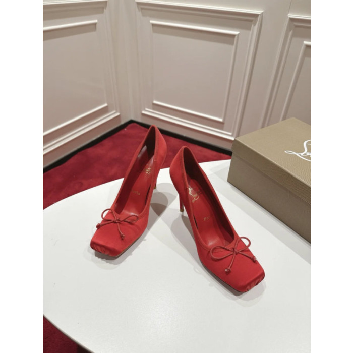 Christian Louboutin Red Satin Bow 100mm Square Toe Stiletto Pumps