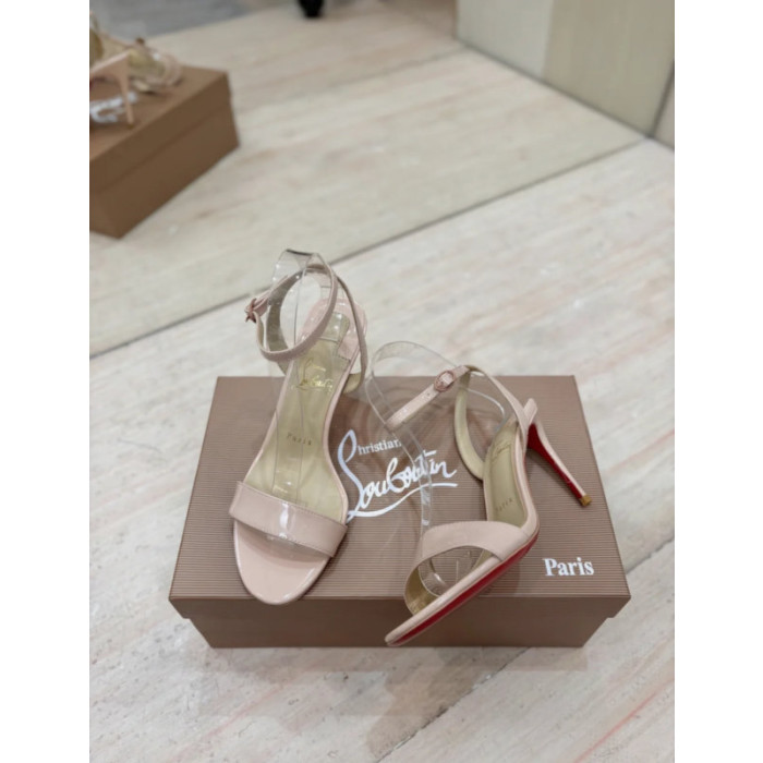 Christian Louboutin Nude Patent Leather 100mm Stiletto Heel Ankle‑Strap Sandals