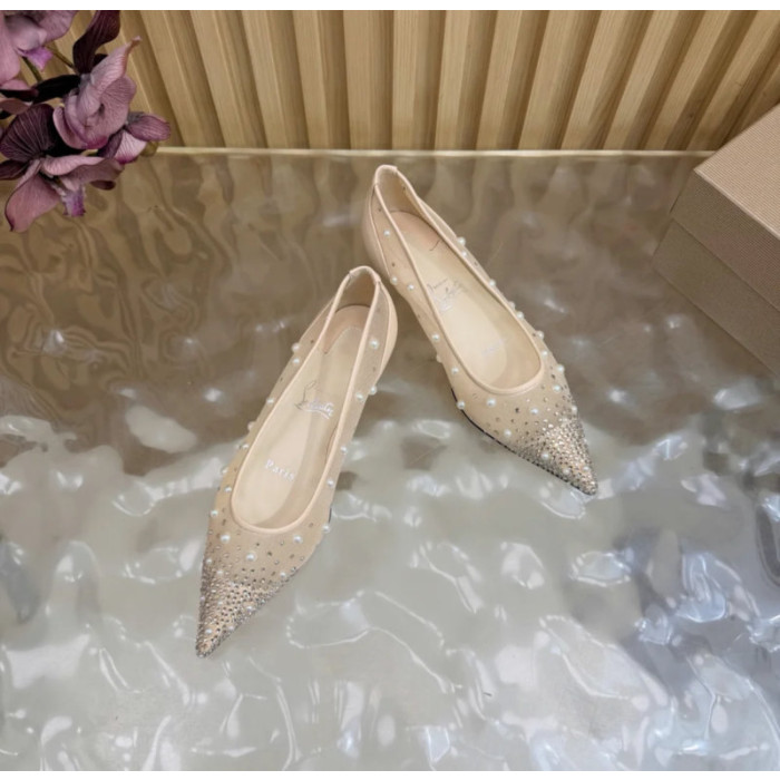 Christian Louboutin Beige Mesh Pearl Crystal‑Embellished Pointed‑Toe Flat Pumps