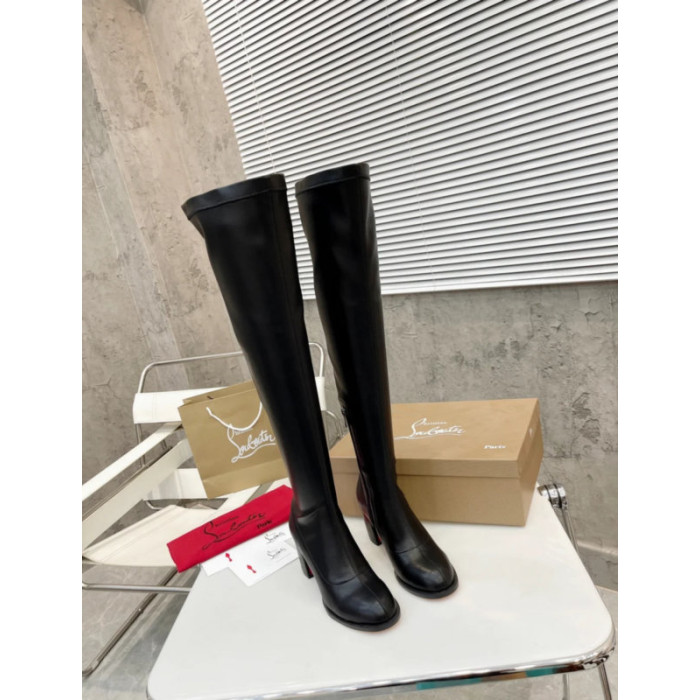 Christian Louboutin Black Stretch Leather 85mm heel Block‑Heel Over‑The‑Knee Boots