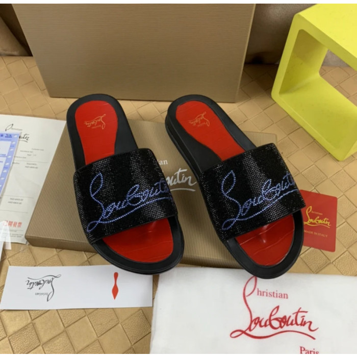 Christian Louboutin Black Slide Sandals With Blue Crystal Logo