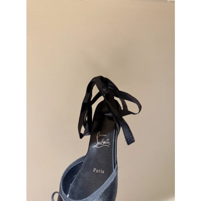 Christian Louboutin Black Satin Tie‑Ankle Ballet Flat Sandals