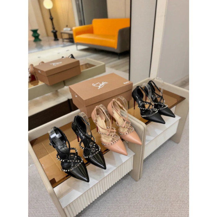 Christian Louboutin Black Leather Spiked Crisscross Strap Pointed‑Toe High‑Heel Pumps