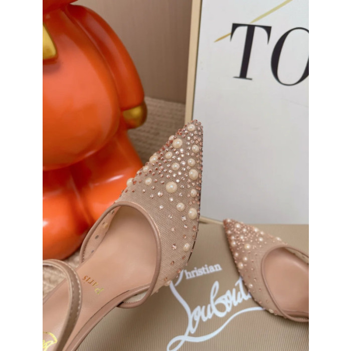 Christian Louboutin Nude Mesh 85mm Pearl‑Crystal‑Embellished Slingback Stiletto Heel Pumps
