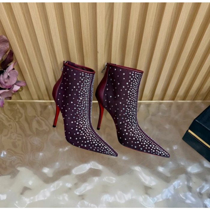 Christian Louboutin Burgundy Mesh Crystal‑Embellished 120mm Pointed‑Toe Stiletto Heel Ankle Boots