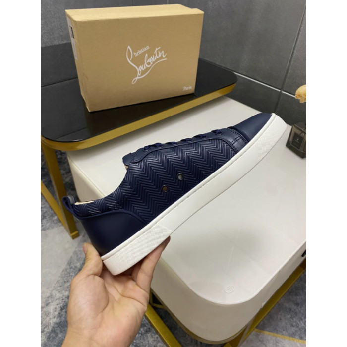 Christian Louboutin Navy Chevron‑Embossed Leather Low‑Top Sneakers