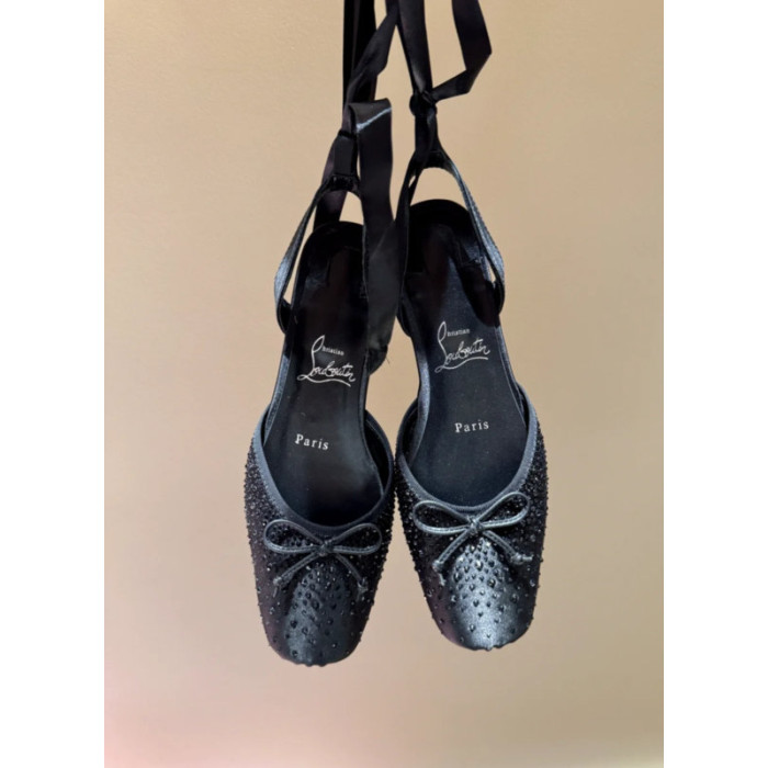 Christian Louboutin Black Crystal Embellished Satin Bow Tie‑Ankle Ballet Flats