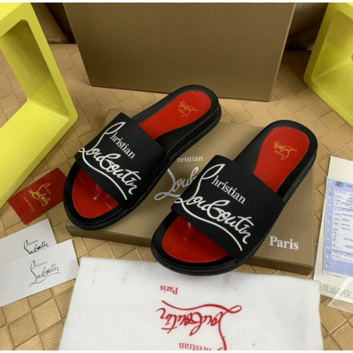 Christian Louboutin Black Rubber Slide Sandals White Signature Logo Print