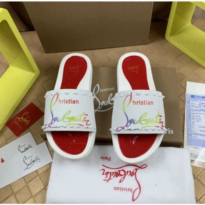 Christian Louboutin White Rainbow‑Logo Spiked Slip‑On Slide Sandals