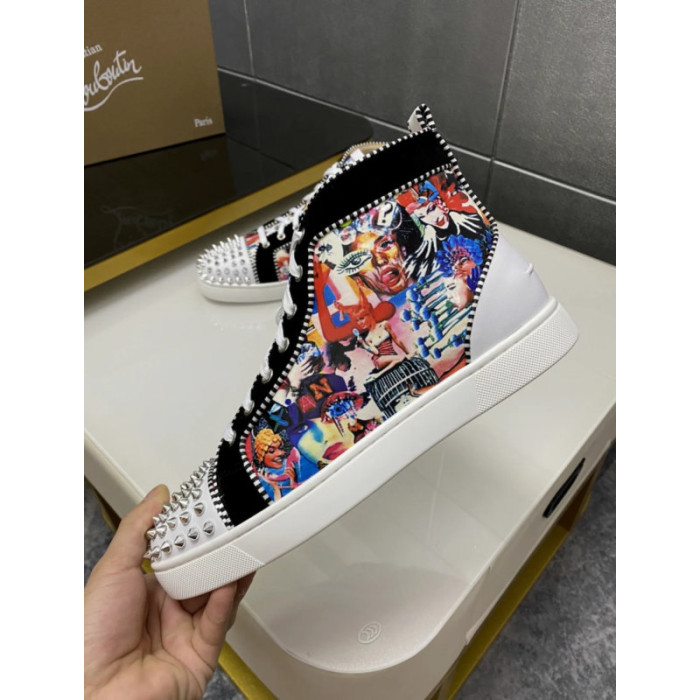 Christian Louboutin Colorful Graffiti Print Silver‑Spiked High‑Top Sneakers