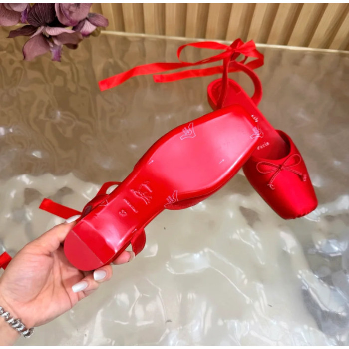 Christian Louboutin Red Satin Bow Ankle‑Tie Slingback Ballet Flats
