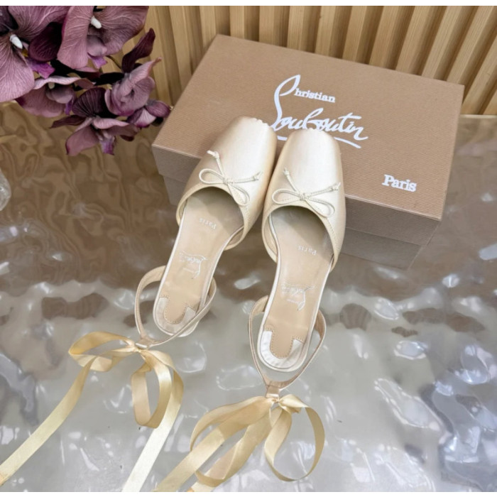 Christian Louboutin Ivory Satin Bow Ankle‑Tie Slingback Ballet Flats