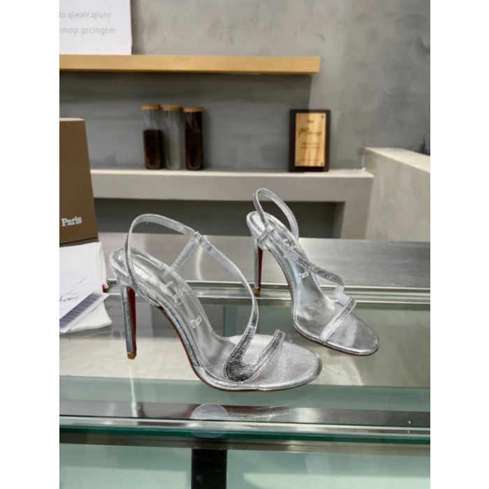 Christian Louboutin Silver Metallic Asymmetric Curved Strap Slingback Sandal 100mm heel