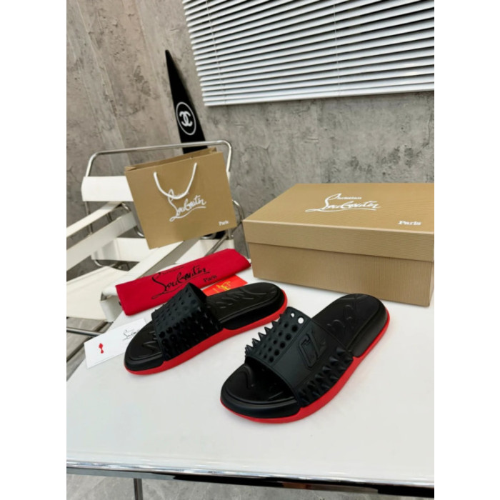 Christian Louboutin Black Rubber Spiked Slide Sandal