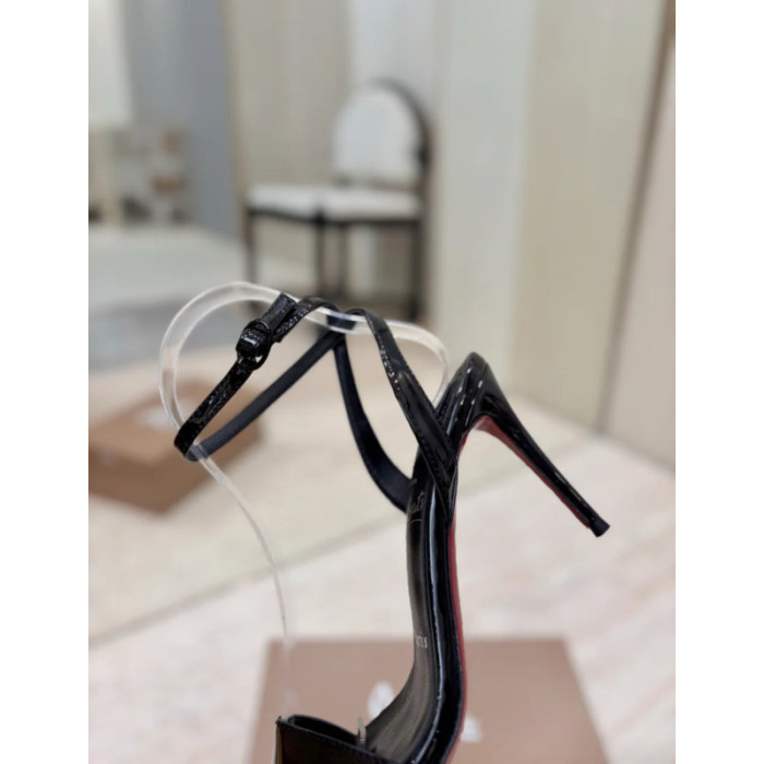 Christian Louboutin Black Patent Leather 100mm Stiletto Heel Ankle‑Strap Sandals