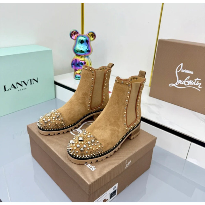 Christian Louboutin Tan Suede Silver‑Spiked Chelsea Ankle Boots Block Heel