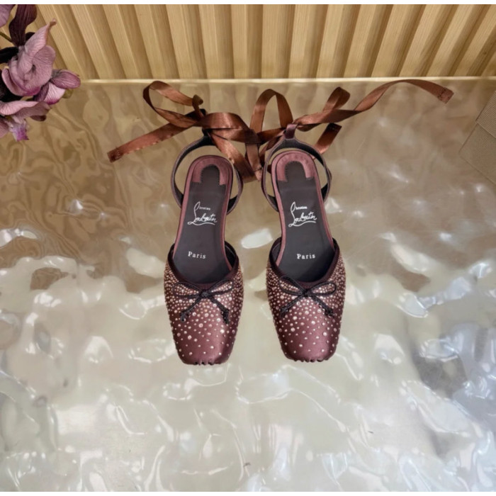 Christian Louboutin Brown Satin Crystal‑Embellished Ankle‑Tie Slingback Ballet Flats