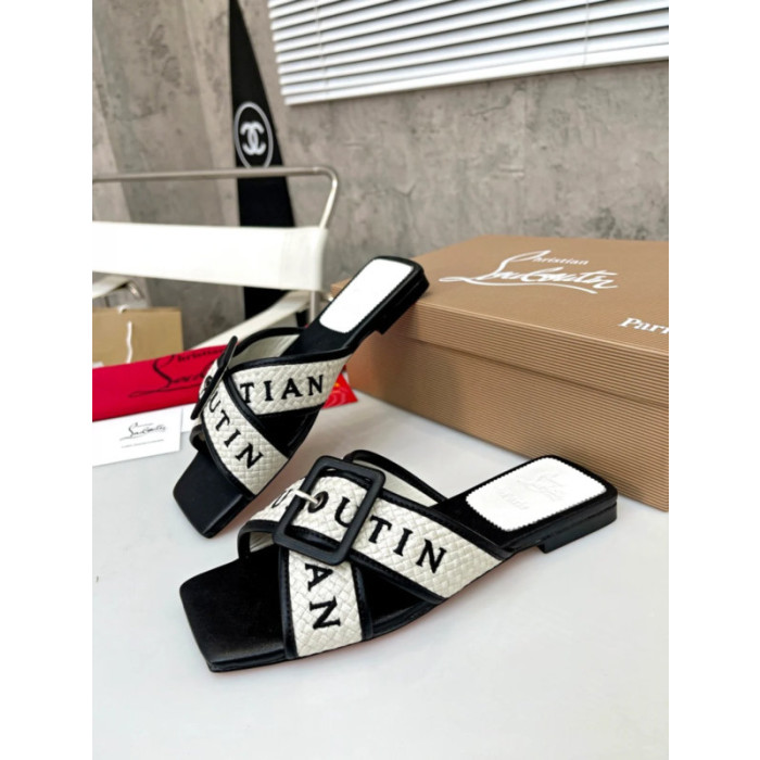 Christian Louboutin Black‑White Woven Flat Slide Sandals