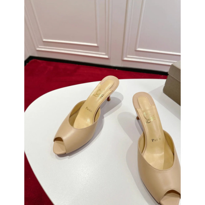 Christian Louboutin Nude Leather 55mm Peep‑Toe Mule Heels