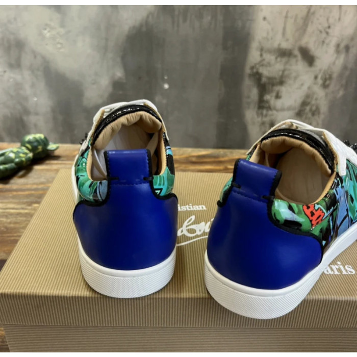 Christian Louboutin Green Graffiti‑Print Spiked‑Toe Low‑Top Lace‑Up Sneakers