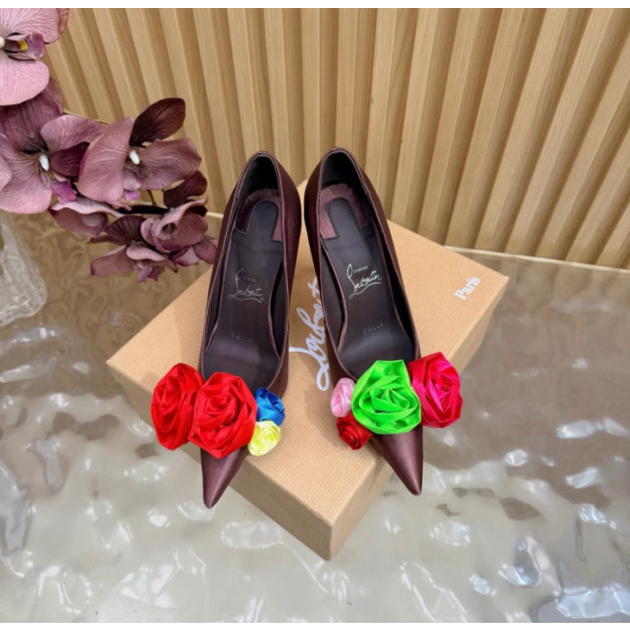 Christian Louboutin Burgundy Satin Multicolor Fabric Flower 100mm Stiletto Heel Pumps
