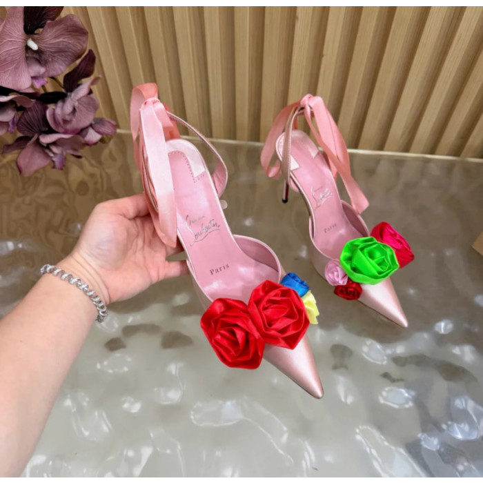 Christian Louboutin Pink Satin Multicolor Rose Flower 100mm Stiletto Heel Slingback Pumps