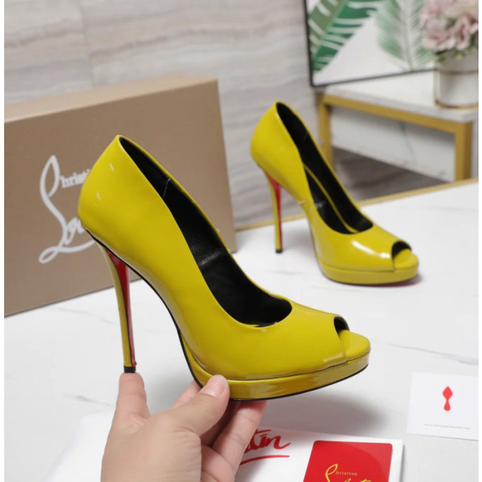 Christian Louboutin Lady Z 120 Yellow Patent Peep‑Toe Platform Stiletto Heel Pumps