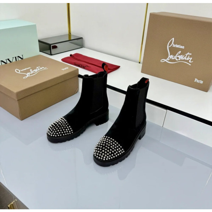Christian Louboutin Black Suede Silver‑Spiked Chelsea Ankle Boots