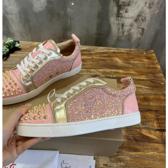 Christian Louboutin Pink‑Gold Glitter Spiked‑Toe Low‑Top Lace‑Up Sneakers