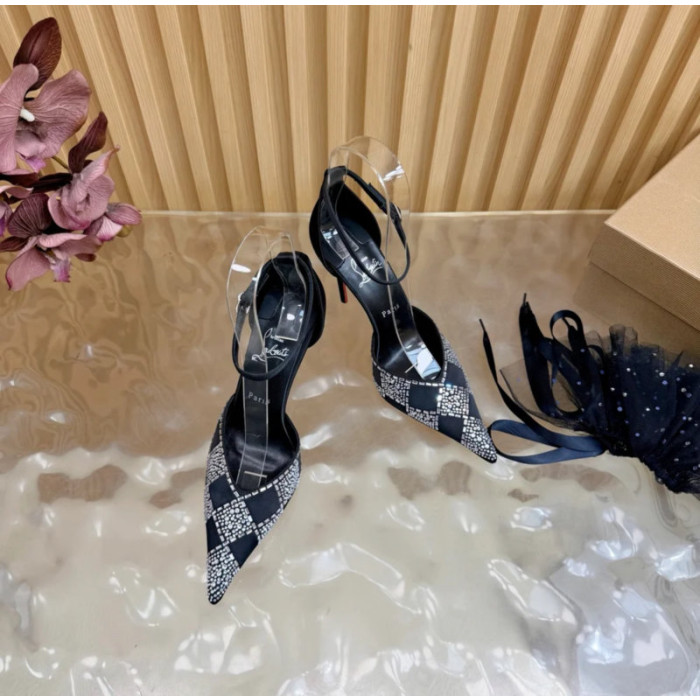 Christian Louboutin Black Satin Checkered Crystal‑Embellished 100mm Stiletto Heel Ankle‑Strap Pumps