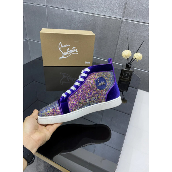 Christian Louboutin Purple Velvet Multicolor Rhinestone High‑Top Sneakers