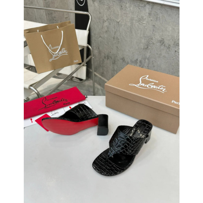 Christian Louboutin Black Croc‑Embossed 70mm Block Heel Thong Mule Sandals