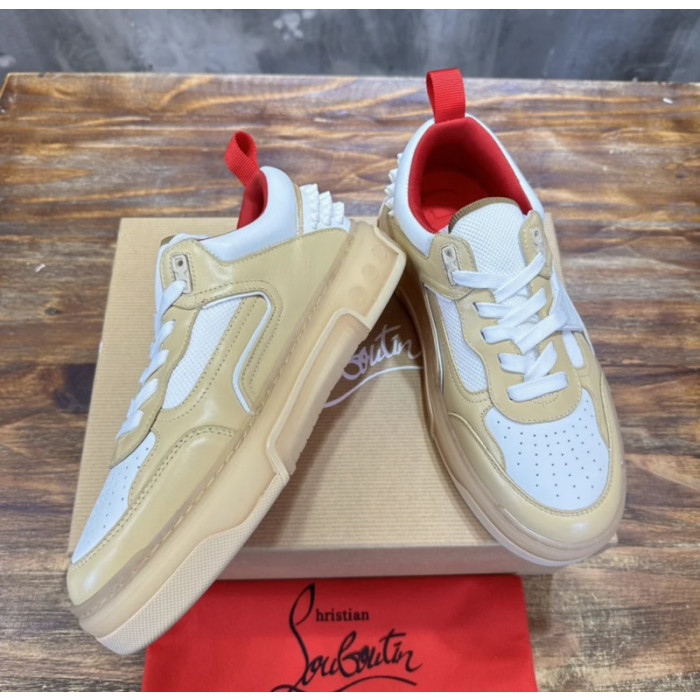 Christian Louboutin Beige‑White Spiked Platform Low‑Top Sneakers