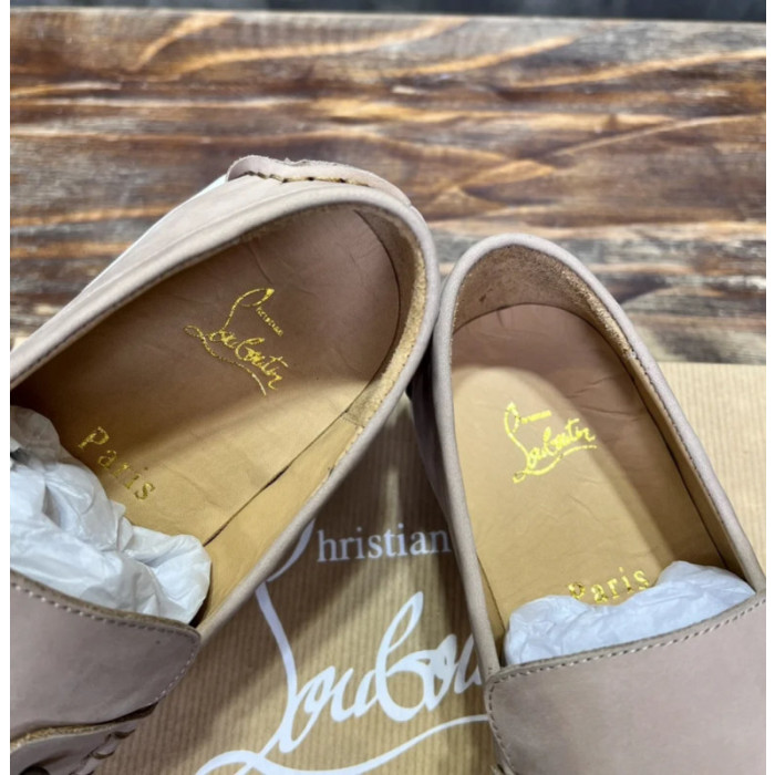 Christian Louboutin Nude Nubuck Metal‑Stud Slip‑On Loafers
