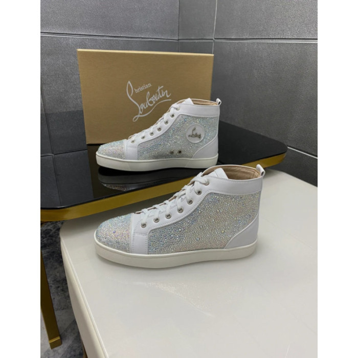 Christian Louboutin White Leather Crystal‑Embellished High‑Top Sneakers