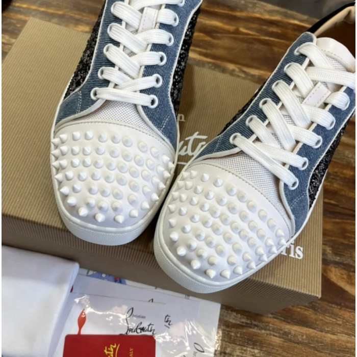 Christian Louboutin Denim Mixed‑Media Crystal Spike Low‑Top Sneakers