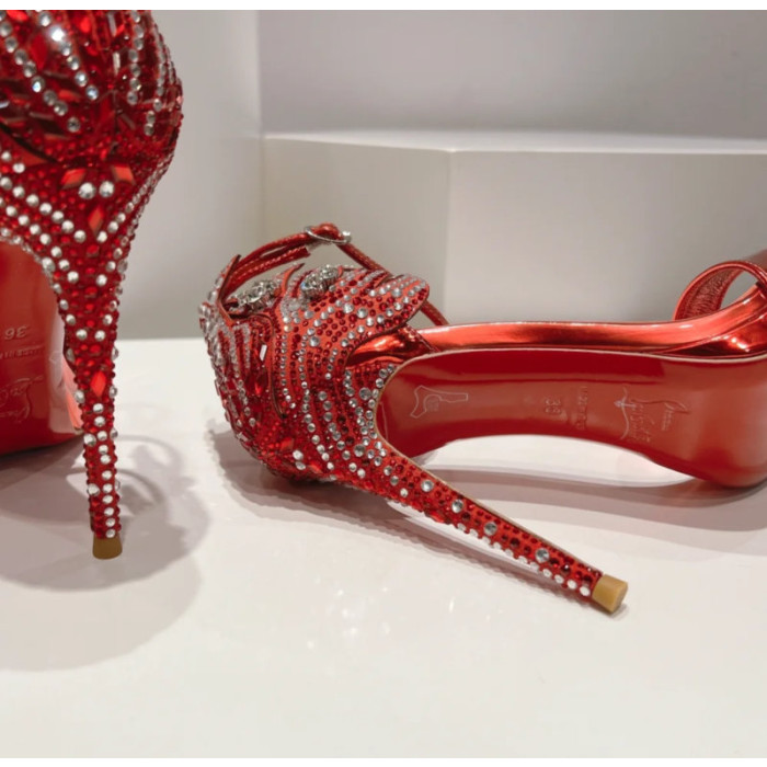 Christian Louboutin Red Metallic Patent Crystal 120mm Platform Heel Sandals