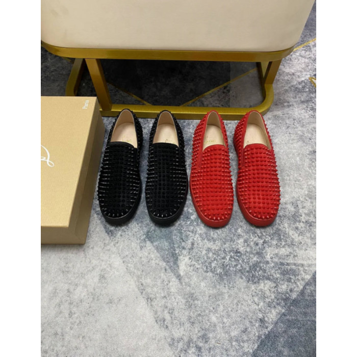 Christian Louboutin Red Suede All‑Over Spiked Slip‑On Loafers