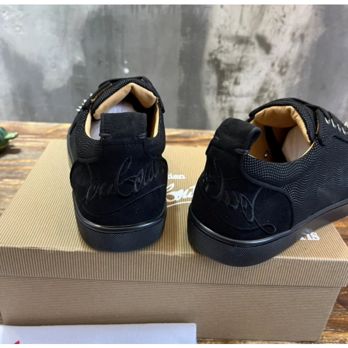 Christian Louboutin Black Textile Silver‑Spiked Low‑Top Sneakers