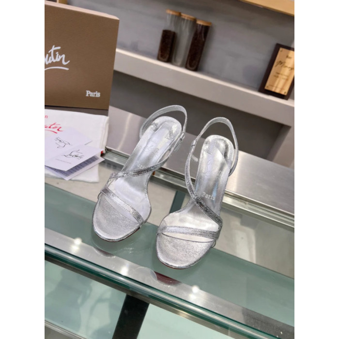 Christian Louboutin Silver Metallic Asymmetric Curved Strap Slingback Sandal 100mm heel