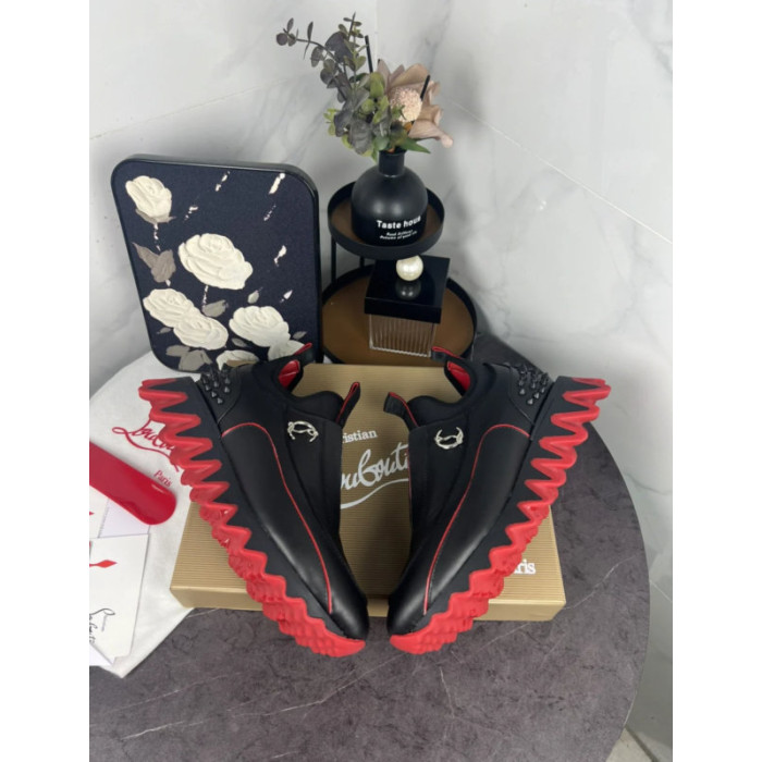 Christian Louboutin Black Slip‑On Sneakers Red Zigzag Sole Spiked Heel