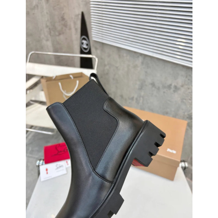 Christian Louboutin Black Smooth Leather Lug‑Sole Chelsea Ankle Boots