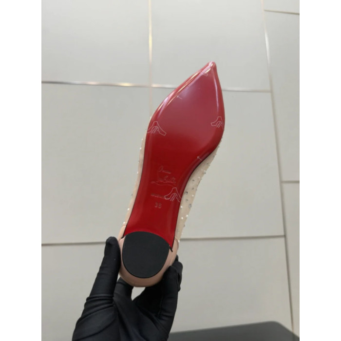 Christian Louboutin Pink Mesh Crystal Pearl Pointed‑Toe Flat Pumps