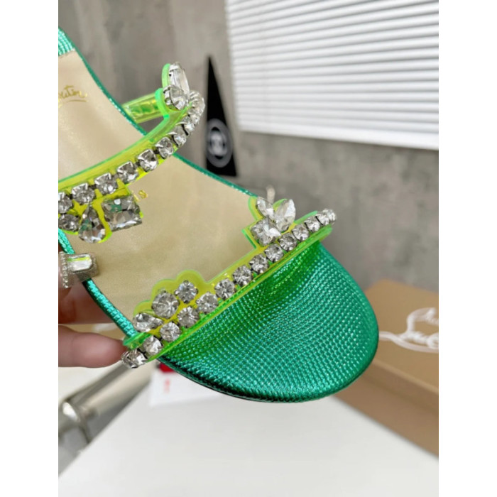 Christian Louboutin Green Metallic Crystal Embellished Flat Slide Sandal