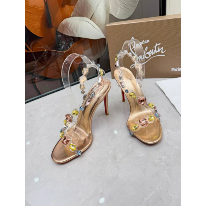 Christian Louboutin Gold Metallic Multicolor Crystal‑Embellished 100mm Stiletto Heel Slingback Sandals