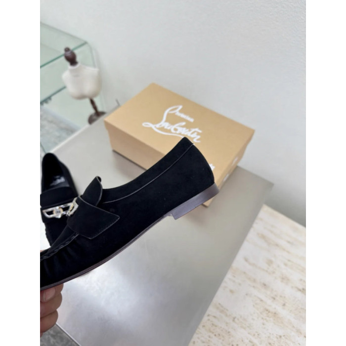 Christian Louboutin Black Suede Metal Ornament Slip‑On Loafers