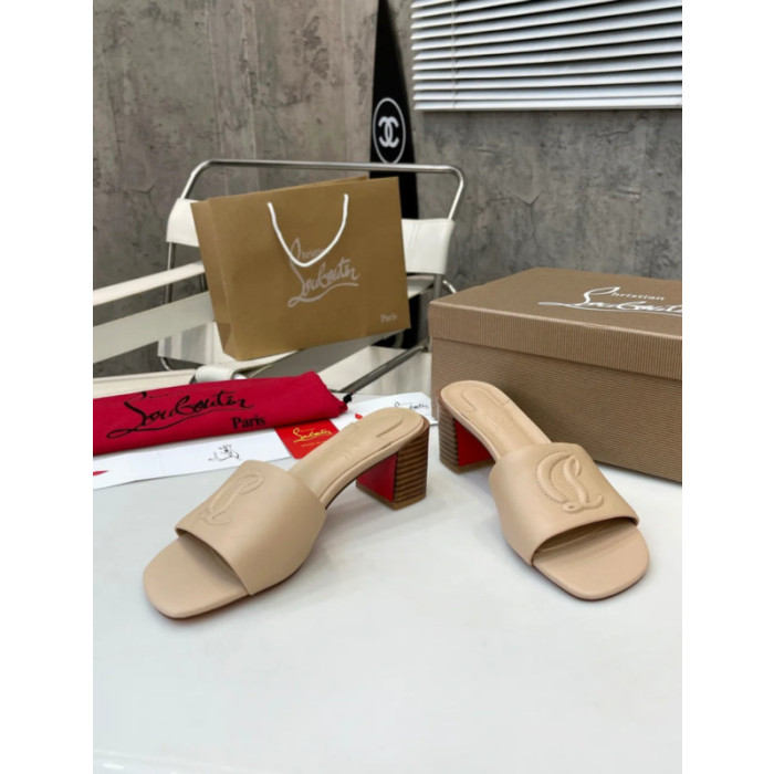 Christian Louboutin Beige Leather 55mm heel Block Heel Slide Sandal