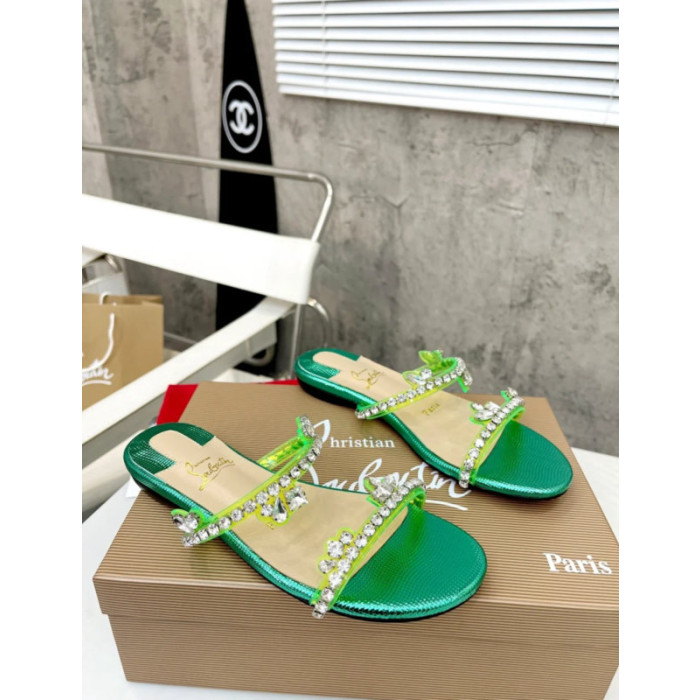 Christian Louboutin Green Metallic Crystal Embellished Flat Slide Sandal